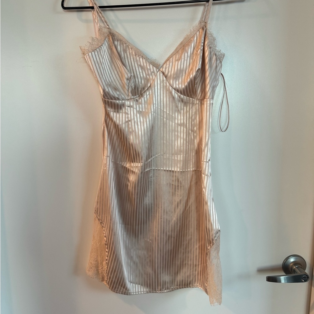 Satin striped boutique mini dress w lace details (blush color)